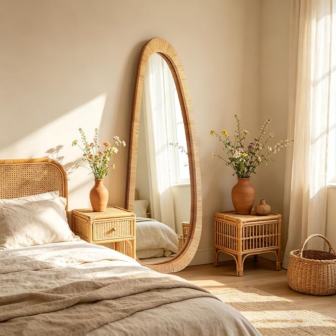 BAODANFU Irregular Natural Rattan Mirror, 18×53 Inch Full Length Wall Mirror, 4-Way Handwoven Decorative Asymmetrical Mirrors, Boho Rustic Decor for Entryway Bedroom Living Room Home