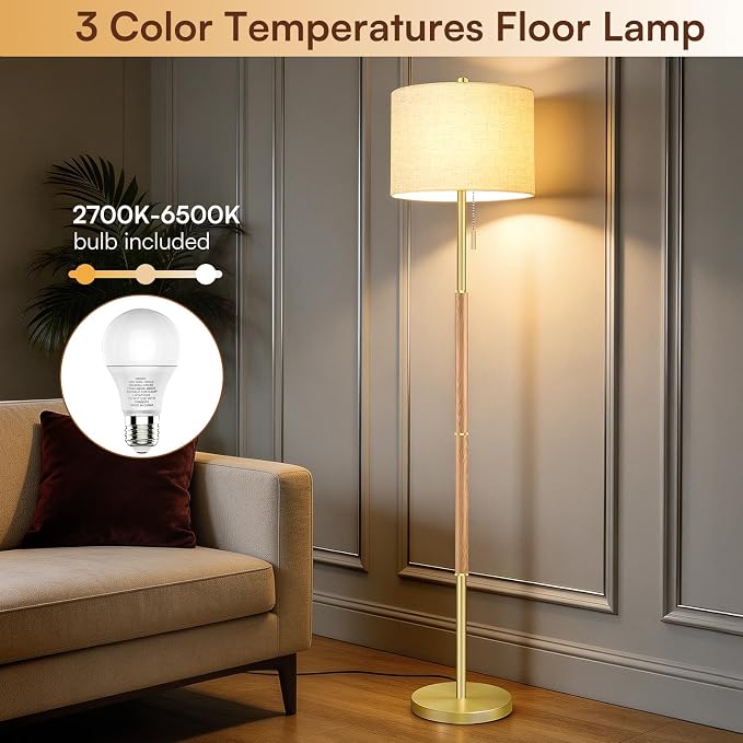 62" Mid Century Modern Floor Lamp, Natural Wood-Tone Standing Lamp with 3 Color Temperature & Pull Chain, Weighted Anti-Tip Base for Safety, Floor Lamps for Living Room Bedroom Corner (6500K Bulb)