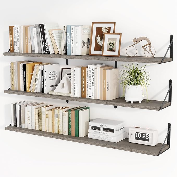 Heimlove Floating Book Shelves for Wall,47.2 Inches Long Wall Mounted Bookshelves,Heavy Duty Bracket Shelves for Living Room Kitchen,Laundry Room Storage & Decor,Set of 3,Silver Grey