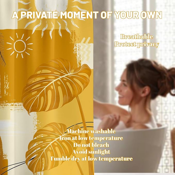 Extra Tall Shower Curtain XL Mustard Mid Century Modern, 70 x 96 in | for Extra Long 96 Inchs Shower, Yellow Abstract Pattern Design, Large Bathroom Decor Sets Waterproof Cloth Fabric, with Hooks