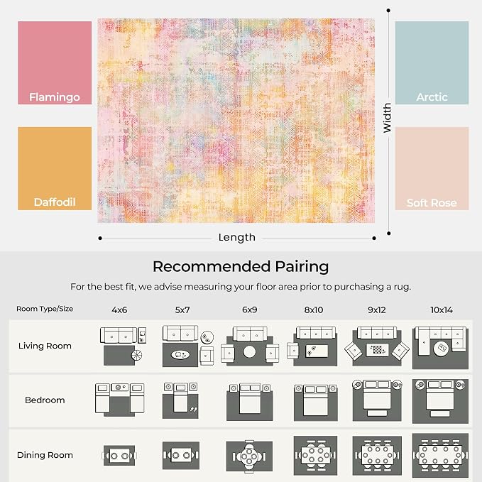 Kokia Abstract Area Rugs Washable Indoor 6x9 Rug Boho Distressed Retro Low Pile Non-Slip Non-Shedding Pink Orange Carpet Bedroom Living Room Dining Room, Oslo Sunrise
