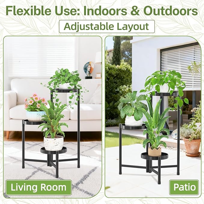 iDavosic.ly Plant Stand Indoor Outdoor, 3 Tier Corner Metal Flower Display Holder Shelf, Folding Tall Orchid Rack for Patio Balcony Porch Garden Living Room House, Black