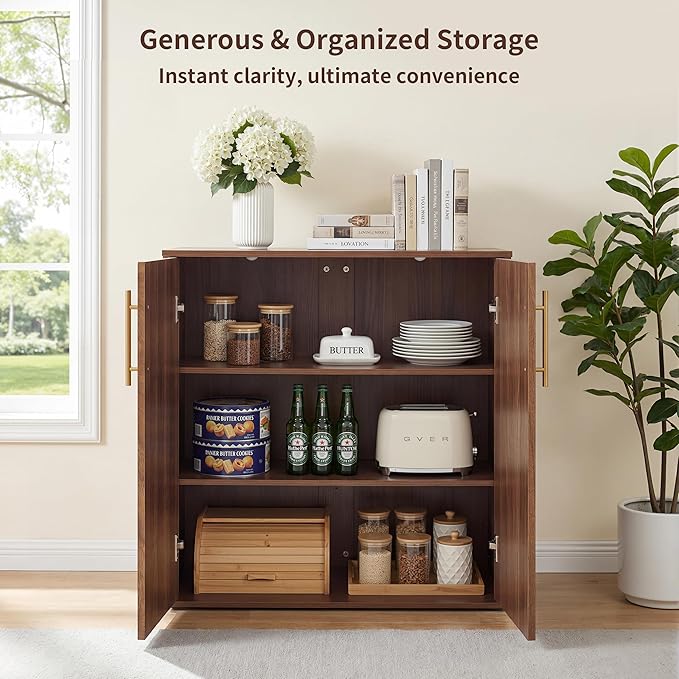 Fluted Sideboard Buffet Cabinet with Storage, Arched Doors & Adjustable Shelves, Modern Accent Credenza, Anti-Tip Console Cabinet for Living Room, Entryway, Hallway & Kitchen, Walnut
