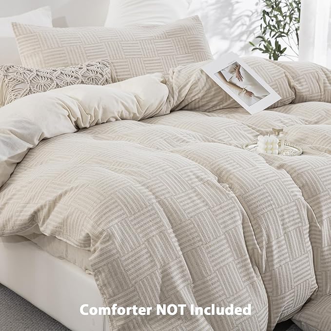 Beige Checkered Cotton Linen Duvet Cover King Size, Soft Breathable Bedding Set for Night Sweats -1 Textured Duvet Cover 104x90 Inches with Zipper Closure, 2 Pillowcases