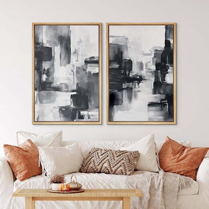 IDEA4WALL Framed Canvas Print Wall Art Set Black and White Urban Abstract Bold Monochrome Brushstroke Illustrations Modern Art Decorative Calm/Zen for Living Room, Bedroom, Office - 16"x24"x2 Natural