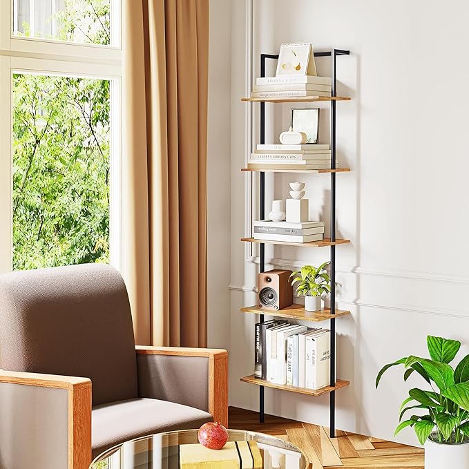 5-Tier Ladder Shelf, Wall Mounted Ladder Bookshelf with Metal Frame, Wood Tall Open Storage Rack and Display Shelves for Home Office Bedroom Living Room, Rustic Brown