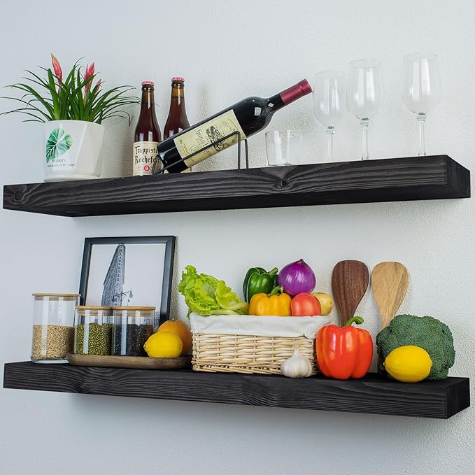 Wood Floating Shelves 36 inch Long Set of 2,8 inch deep Solid Wood Wall Mounted Shelves for Living Room Kitchen,Book Shelf for Wall with Hidden Bracket- Black