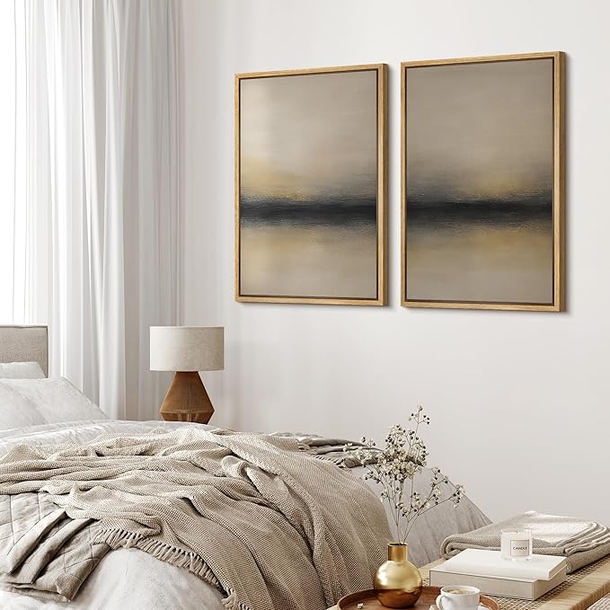 MUDECOR Framed Canvas Print Wall Art Abstract Sunset Horizon Modern Minimalist Beige and Black Illustrations Modern Art Decorative Bohemian for Living Room, Bedroom, Office - 24"x36"x2 Natural