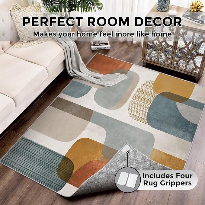 5x7 Mid Century Geometric Rugs for Bedroom Decor, Washable Mid Century Modern Pattern Area Rug, Living Room Home Decoration, Non Slip Soft Thin, Modern Abstract Decor Carpet PF-P 117