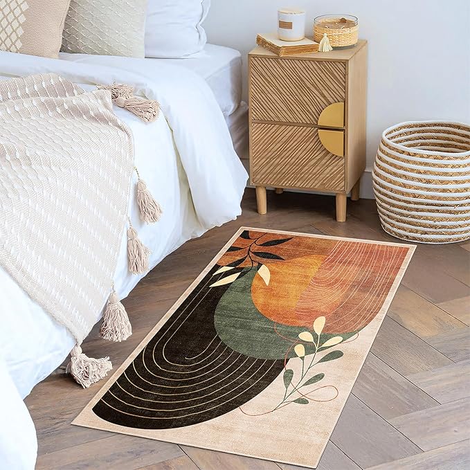 MUJOO 2x3 Washable Rug Small Area Rugs for Entryway Kitchen Bedroom,Boho Non Slip Throw Carpet for Bathroom Entrance Door Mat Mid Century Modern Abstract Botanical Geometric Accent Terracotta