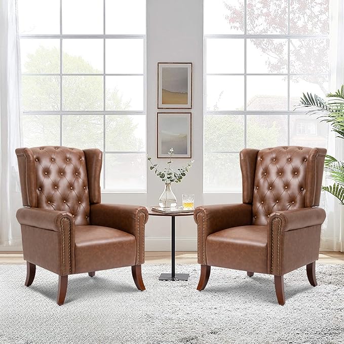 PU Leather Accent Chair Set of 2, Modern Upholstered Living Room Chair Sofa Chair with Wooden Legs, Wingback Armchair Club Chair for Bedroom,Study Room, Lounge (Brown)