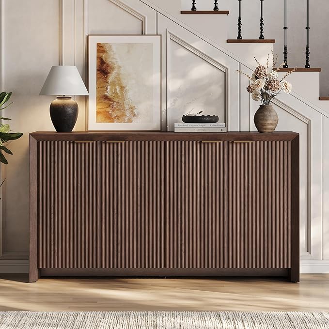 ONBRILL Fluted Sideboard Buffet Cabinet with Storage, Wooden Modern Fluted Sideboard with 4 Doors and 5 Adjustable Shelves, Coffee Bar Table for Dining Room, Hallway, Kitchen (Dark Walnut)