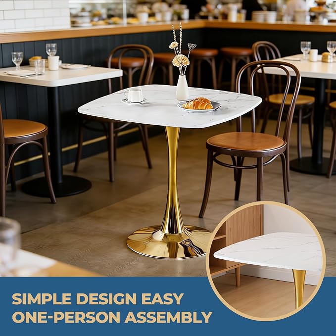 31.5 Inch White and Golden Square Dining Table for 2-4 Person,Mid-Century White Tulip Table Kitchen Dining Table with MDF Tabletop and Pedestal Base for Home Kitchen