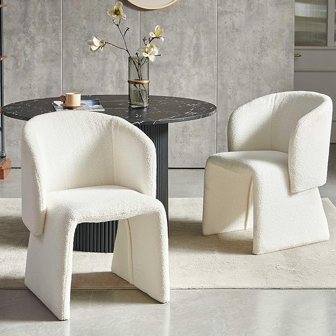 NORDICANA 3-Piece Round Dining Table Set for 2, Modern 47-Inch Kitchen Table and Chair Set, Dining Set with Off White Upholstered Armchairs, Manufactured Wood Top with Black Marble Effect Finish