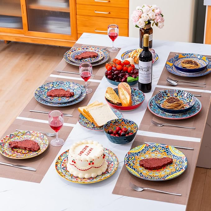 Plates and Bowls Set, Service for 4, 16 Pieces Ceramic Dinnerware Set, Microwave and Dishwasher Safe, Scratch Resistant, Bohemian Style Plates Set for Salad, Pasta, Dessert, Appetier