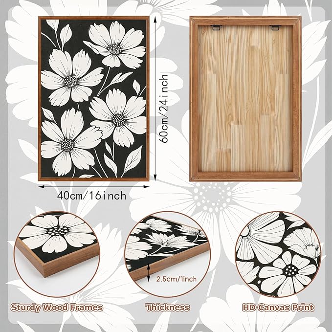HLNIUC Abstract Black and White Framed Canvas Wall Art,White Flower Plant Poster,Modern Minimalist Floral Painting,Daisy Floral Canvas Art Print for Living Room Bedroom Office-16 x24 x3