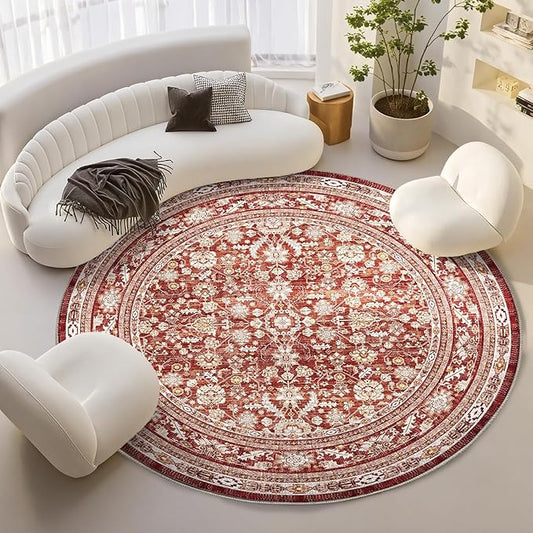 OPPODREAM Vintage Red Round Rug 6ft, 6 ft Retro Washable Circle Rug Non Slip, Low-Pile Faux Wool Circular Carpet, Distressed Floor Mat for Living Room, Bedroom, Office, Dorm, Dinning Room