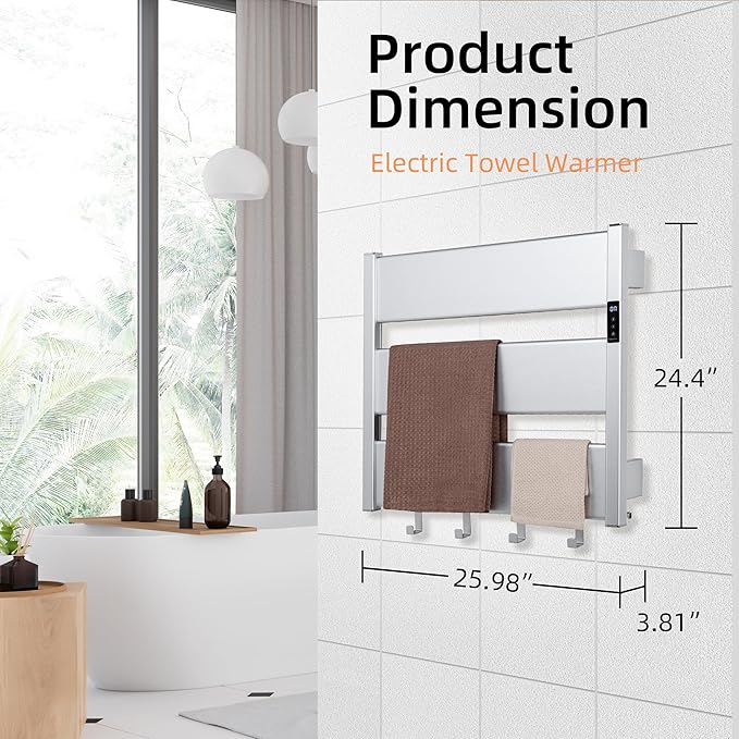 K&KALONZO Towel Warmer for Bathroom, Wall-Mounted Heated Towel Rack with Built-in Timer, Waterproof Alumnimum Electric Towel Heater, Support Plug-in and Hardwired, Sliver, H3-S