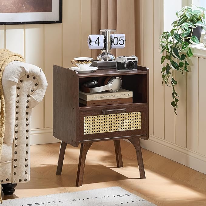 Lerliuo Rattan Nightstand, Bedside Table with Drawer Open Shelf, Cane Accent Side End Table with Solid Wood Legs, Walnut Vintage Night Stand for Bedroom, Dorm and Small Spaces