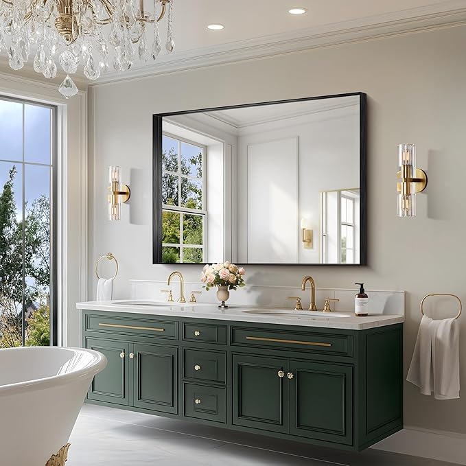 CIRCUMI Black Bathroom Mirror, 36"x50" Rectangular Mirror with Deep Metal Frame, Brushed Finish, Tempered Glass, Large Mirror for Wall, Over 2 Sinks, Installed Vertically/Horizontally, Crystal-Clear