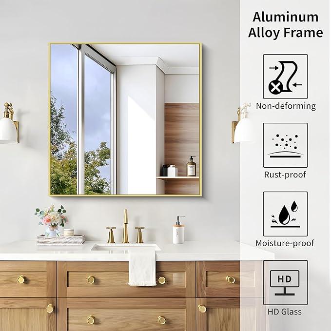 KOCUUY Gold Bathroom Mirror, 24"x24" Rectangle Bathroom Mirror for Wall, HD Tempered Glass, Anti-Rust Frame, Modern Design for Bathroom, Bedroom, Living Room, Entryway