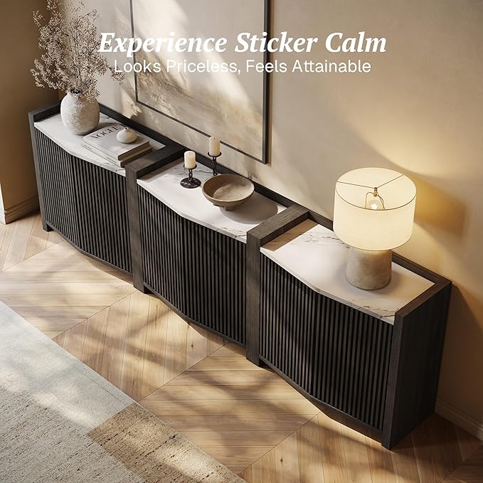 BELLEZE Set of 2 Modular Sideboard Buffet Cabinet with Storage,70 Inch Modern Credenza with Adjustable Shelves, Fluted Black Console Table with Faux Marble Panel for Kitchen, Entryway, Dining Room