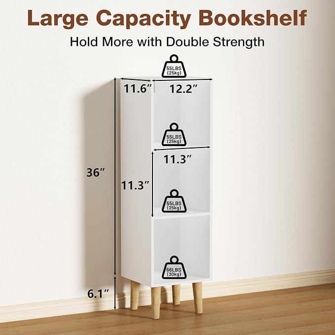 3 Cube Bookcase, Wooden Book Shelf Cube Storage Organizer with Legs, 3 Tier Bookshelf Freestanding Open Shelves for Bedroom, Living Room, Home Office (White, 3 Cube)