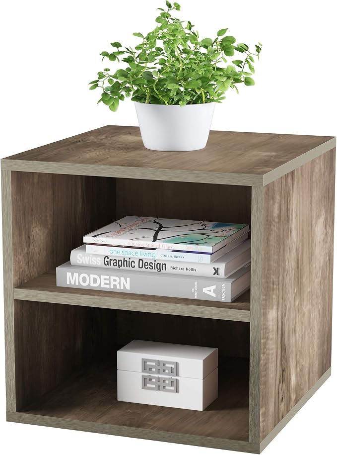 Lavish Home Cube Storage Organizer – 2-Shelf Modular Stackable Bookshelf – Minimalist Modern Nightstand & End Table, Stackable Modular Accent Table for Bedroom, Living Room, or Office (Gray Woodgrain)