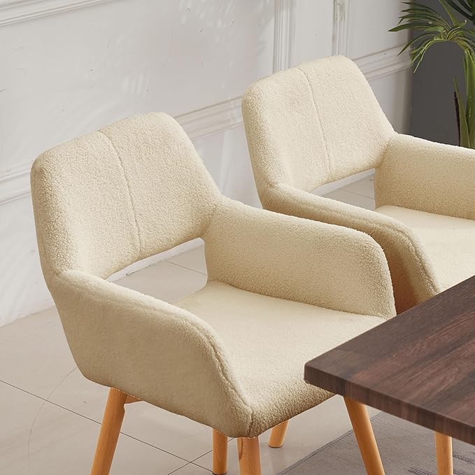 Desk Chair No Wheels Vanity Chair Comfy Accent Chair for Living Dining Room Bedroom Home Office Mid Century Modern Upholstered Armchair Sofa (Wool Light Khaki, 1)