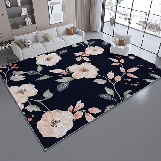 Area Rugs for Living Room, 3x5 Washable Rug Black Soft Low Pile Non-Slip Carpet Stain Resistant Carpets for Bedroom Dining Room Farmhouse Nursery, Retro Branches and Leaves Elegant Flowers