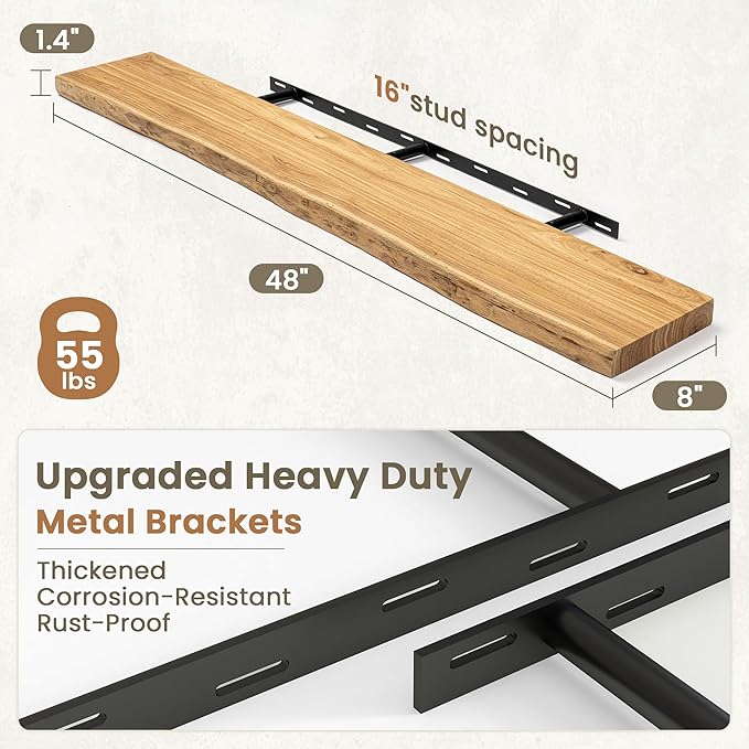 Fun Memories Floating Shelves for Wall Decor Set of 1-48 Inch Solid Elm Wood Live Edge - Rustic Natural Wall Shelves with Invisible Brackets - for Living Room, Bedroom, Kitchen - Natural Finish