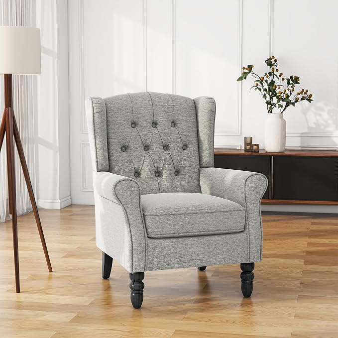 High Back Accent Chair, Fabric Upholstered Armchair Retro Wingback Arm Chair for Living Room, Comfy Single Sofa Bedroom Reading Seat with Solid Wood Legs - Light Gray