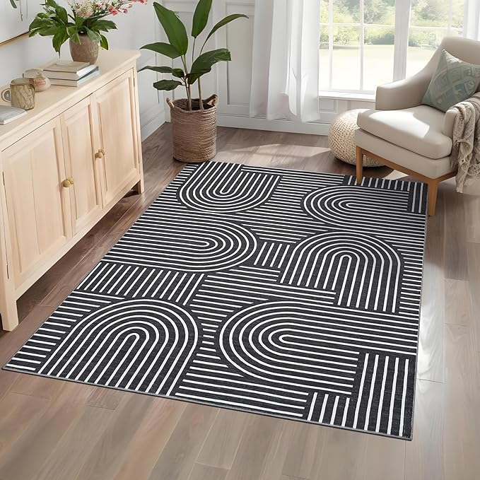 Washable Rug 4x6 Area Rugs for Living Room, Abstract Rug for Bedroom, Soft Rainbow Non Slip Throw Rugs with Rubber Back, Low Pile Stain Resistant Boho Geometric Carpet for Dining Room, Black