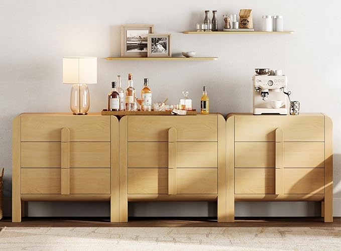 WAMPAT Large Sideboard Buffet Cabinet with Storage with 9 Drawers, Modern French 94.5" W Buffet Cabinet with Storage, Wood Coffee Bar Cabinets with Curved Edge Design for Kitchen Living Room, Oak