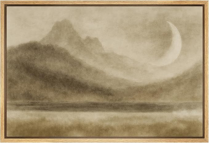 SIGNWIN Framed Canvas Print Wall Art Moon Over Mountain Landscape Dreamy Sepia Toned Wall Decor Illustrations Minimalism Decorative Boho Retro for Living Room, Bedroom, Office - 16"x24" Natural