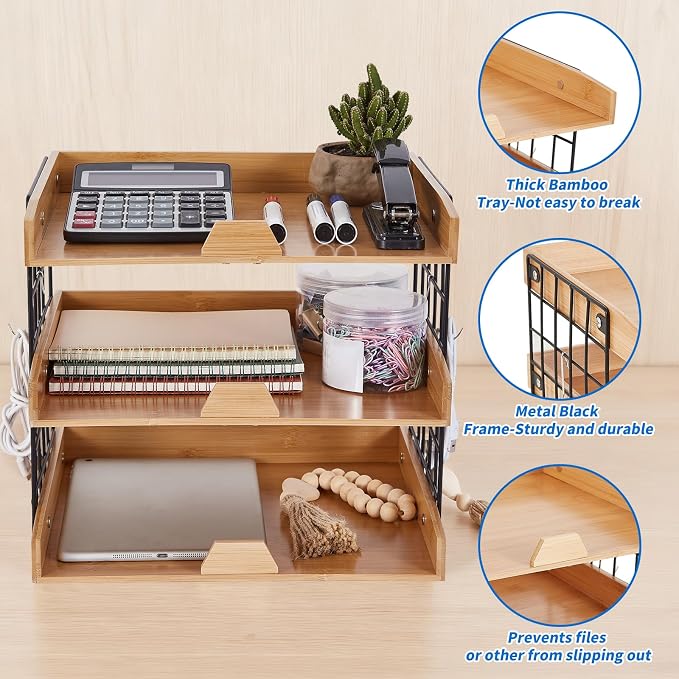 3-Tier Wood Paper Tray, Inbox Tray for Desk, Letter File Trays Desk Organize Office Supplies Accessories, Workspace Desktop Storage for Home, Office, School