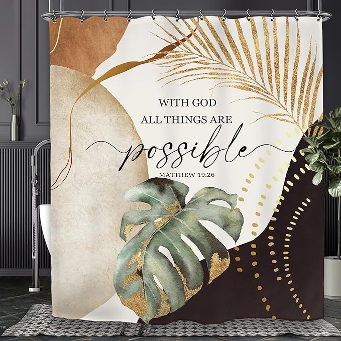 Yookeb Abstract Mid Century Bathroom Shower Curtain 60W by 71H Inch Bible Quotes Minimalist Aesthetic Modern Vintage Polyester Fabric 12 Plastic Hooks Waterproof Decor