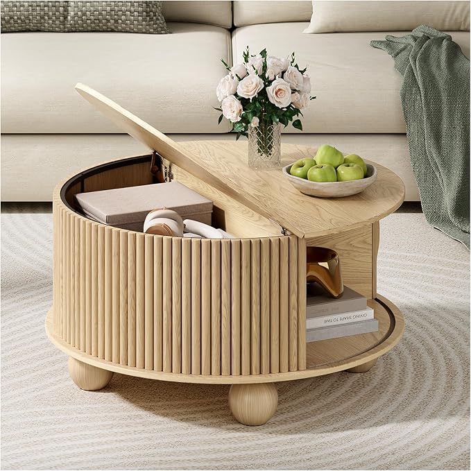 Round Coffee Table with Storage, 31.5" Natural Oak Fluted Drum Center Table, Scandi Japandi Wood Circle Table with Sliding Door & Bun Feet for Living Room