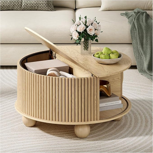Round Coffee Table with Storage, 31.5" Natural Oak Fluted Drum Center Table, Scandi Japandi Wood Circle Table with Sliding Door & Bun Feet for Living Room