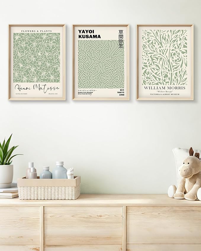 HesenDot Framed Matisse Sage Green Wall Art,William Morris Canvas Wall Decor,16x12IN High Framed Wood Design Prints,Minimalist Classic Decor Aesthetic for Living Room,Bedroom,Bathroom Set of 3