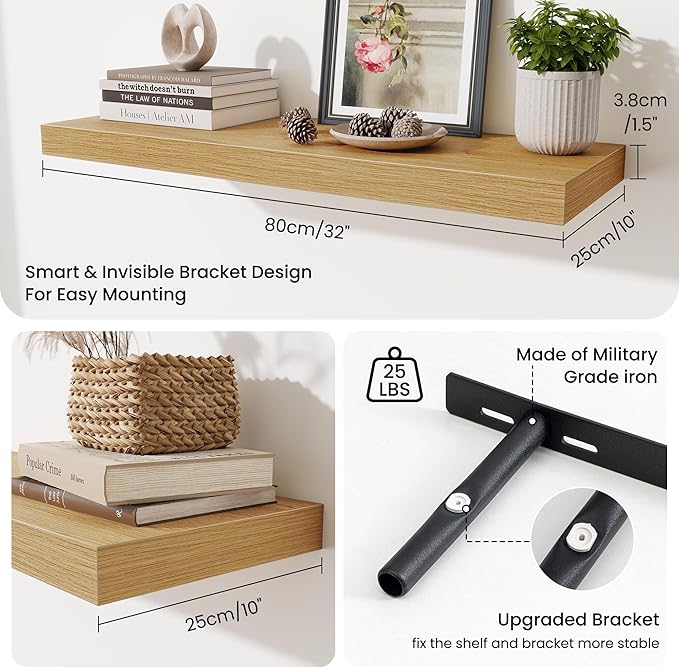 Fun Memories 32 x 10 Floating Shelves Wall-Mounted - Rustic Wood Shelf - 10 Inch Deep Floating Shelves for Wall - Large Storage Shelf for Bathroom - Kitchen & Bedroom - Oak - Set of 2