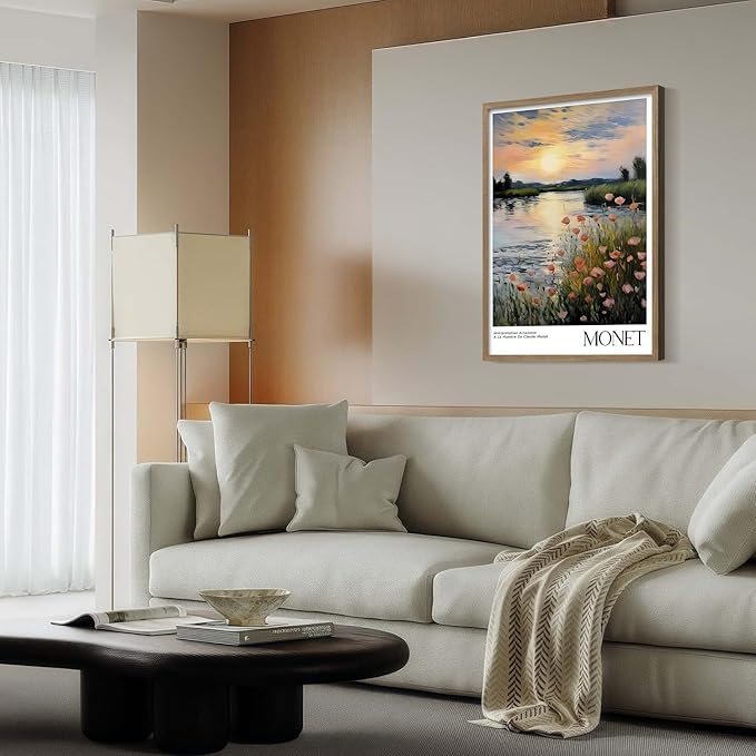 Framed Canvas Monet Gallery Style Wall Art Print Sunset Landscape Poster Impressionist Floral Picture Decor Living Room Bedroom Office Apartment Farmhouse 16X24 Inch Ready to Hang