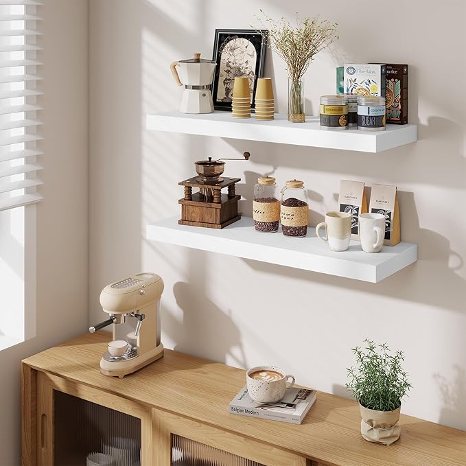 Fun Memories Floating Shelves for Wall, 32 Inch Long Floating Shelves Set of 2, 32 x 10 Wooden Shelves for Wall, Large Storage Shelves, Hanging Shelves for Bathroom Kitchen Bedroom, White