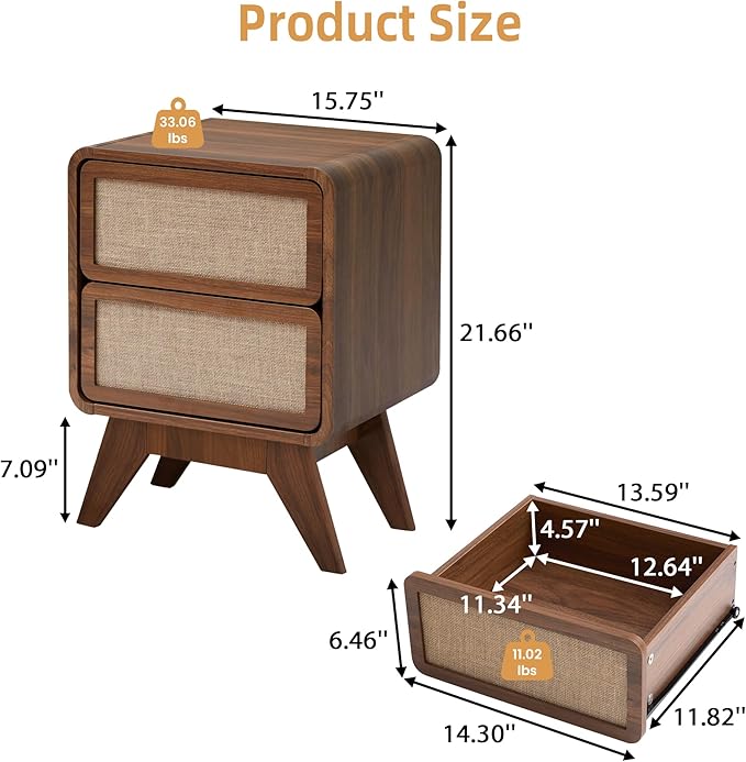 AVZEAR Mid Century Night Stand with 2 Drawers, Wood Bedside Table Curved Round Edge Nightstands with Linen, Solid Wood Legs, End Table Side Table for Small Space, Dorm, Bedroom (Walnut)