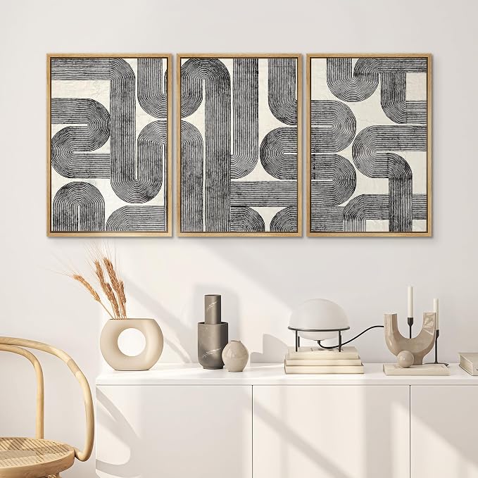 SIGNWIN Framed Canvas Print Wall Art Set Black and White Geometric Line Abstract Illustrations Modern Art Decorative Chic Calm/Zen for Living Room, Bedroom, Office - 16"x24"x3 NATURAL