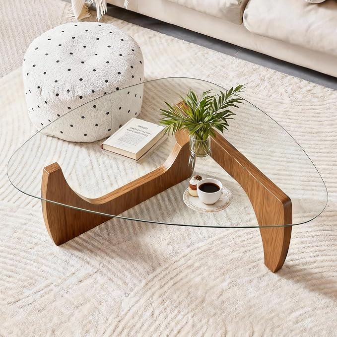 Modern Glass Coffee Table, 45in Large Mid Century Coffee Table, Unique Wooden Triangle Center Tables with Wood Legs, for Bedroom Living Room Reception Office(Walnut Transparent, 45in) 1