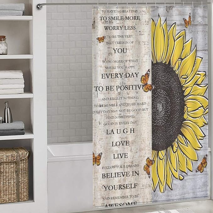 Inspirational Quotes Sunflowers Butterfly Shower Curtain,Vintage Old Newspaper Board Background Sunflower Animals Waterproof Shower Curtains for Bathroom Decor 12 Pack Hooks 55x72in（140x183cm）