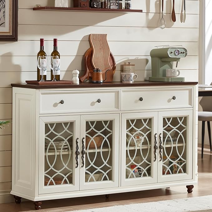 Farmhouse Sideboard Buffet Cabinet Set of 2 with Storage,59" Large Credenza with 4 Glass Door & 2 Drawers,Adjustable Shelves Console Table,Wood Kitchen Coffee Bar for Dining Room,White