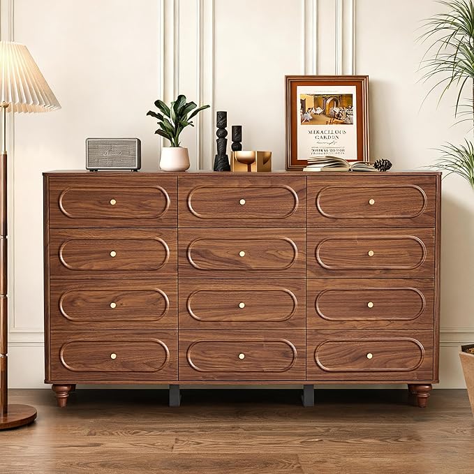 ORRD 12 Drawer Fluted Dresser for Bedroom, Mid Century Modern Chest of Drawers, Wood Storage Small Dresser Organizer for Bedroom Living Room Hallway Closet, Walnut