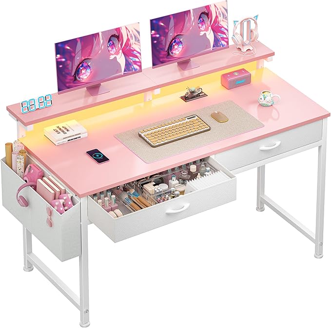 DurayLoly 47.3 Inch Office Computer Desk with LED Lights & 2 Fabric Drawers, Gaming Desk with Side Pocket & Ergonomic Monitor Stand, Small Space Study Writing Table with Anti-Tip Design,Pink